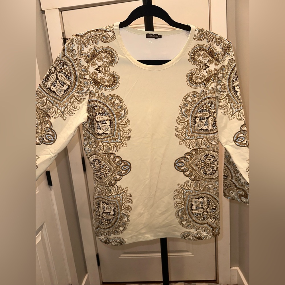 J McLaughlin Size Medium Paisley Print Cream Long Sleeve Top - Picture 5 of 10